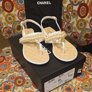 Chanel White and Gold Pearl Sandals
